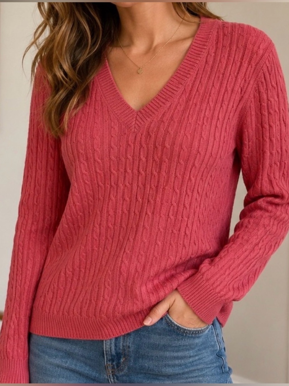 Vintage Eddie Bauer Classic Cable Knit V-Neck Salmon Pink Sweater Size M